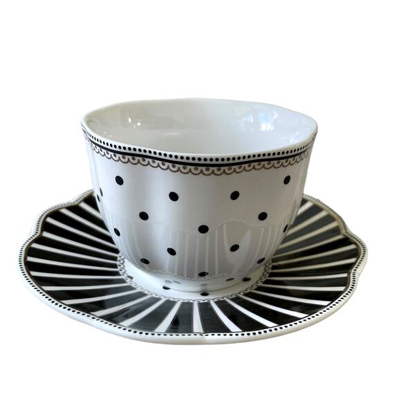 GRACE TEAWARE Black & White Striped Polka Dots Teacup and Saucer Set of 2 New - Picture 9 of 16